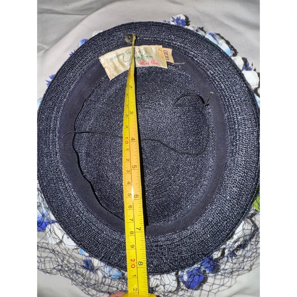 Vintage Luci Puci Bloomingdales Navy Straw Floral Pillbox Hat Birdcage‎ Veil 22